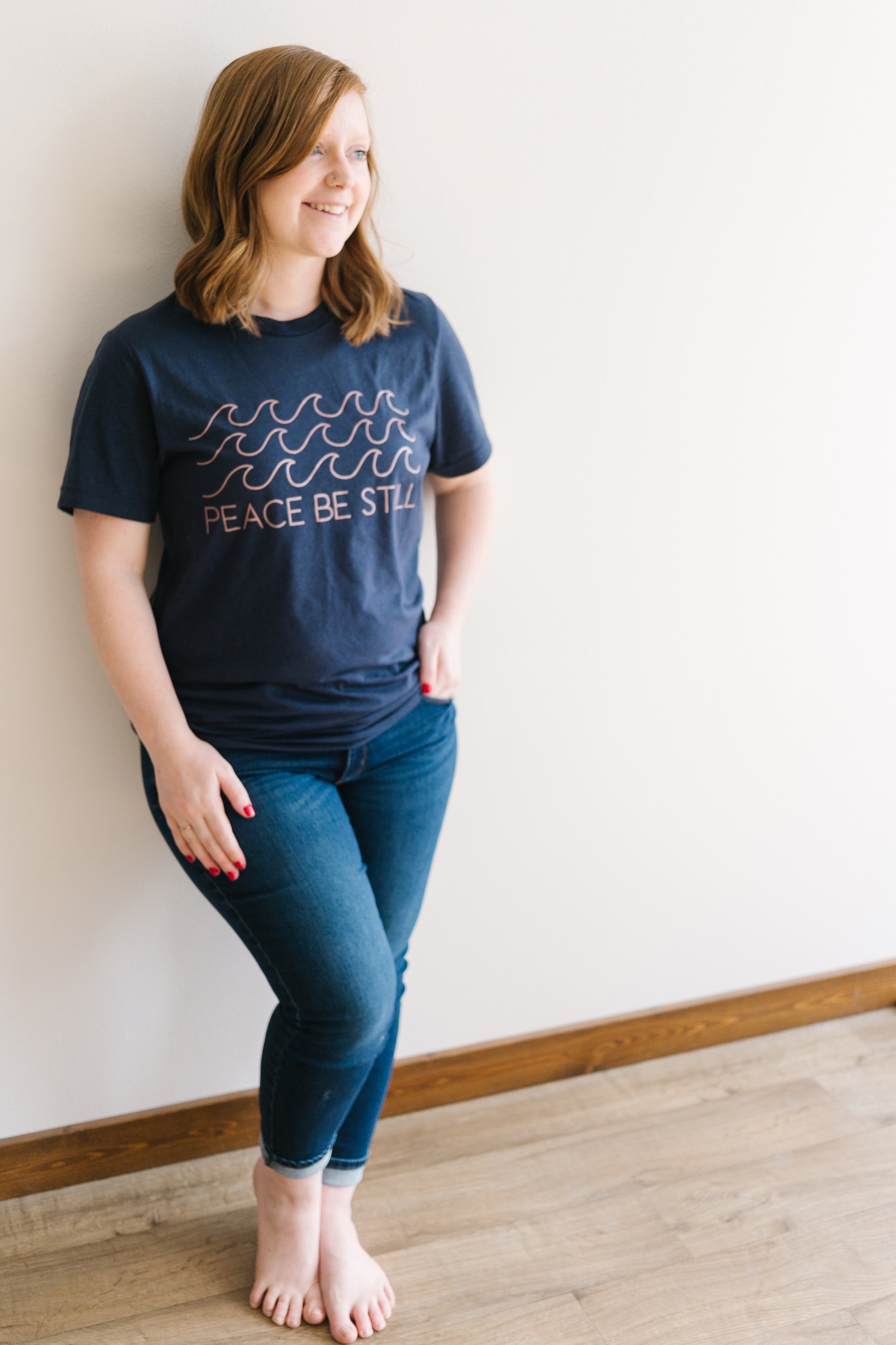 Peace Be Still Navy Tee With Rose Gold Ink