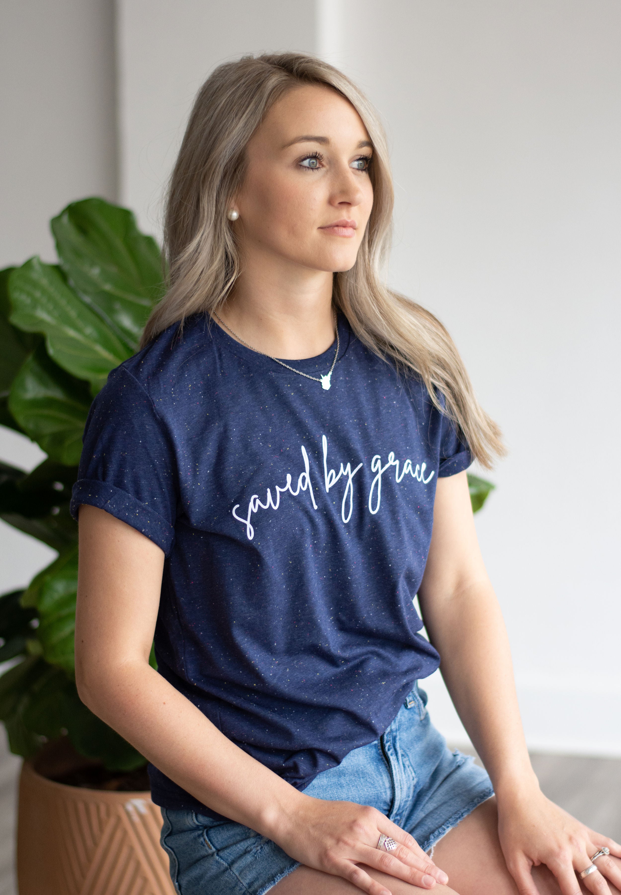 Navy Speckled Saved By Grace Tee
